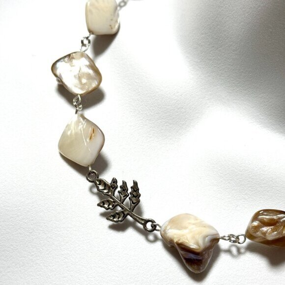 Irregular Mother of Pearl Shell Beads + Silver Leaf Branch Pendant Necklace - Picture 1 of 12